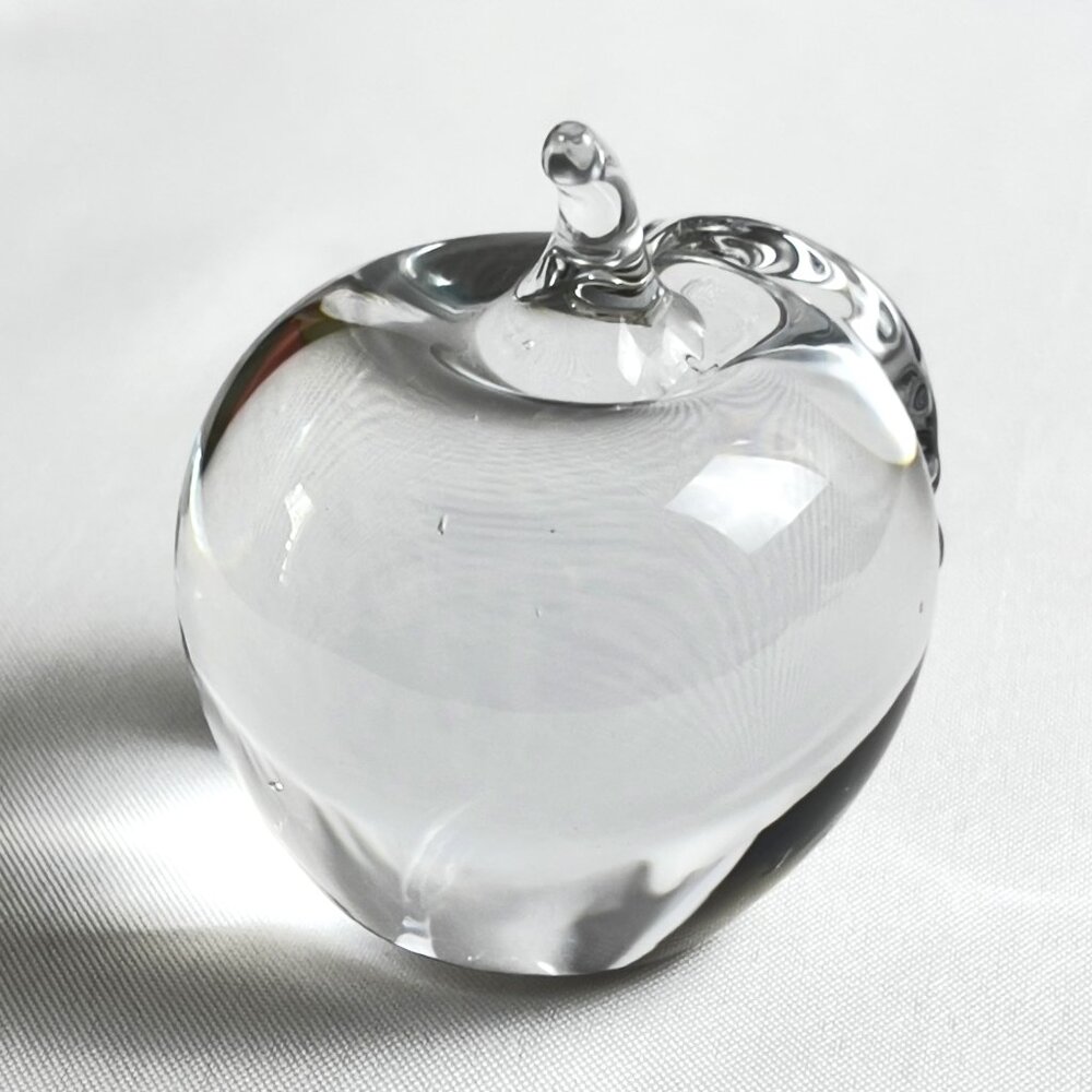 Clear Glass Apple Paperweight Vintage Hand-Blown Sculpted Leaf & Stem 2"x 2.25"